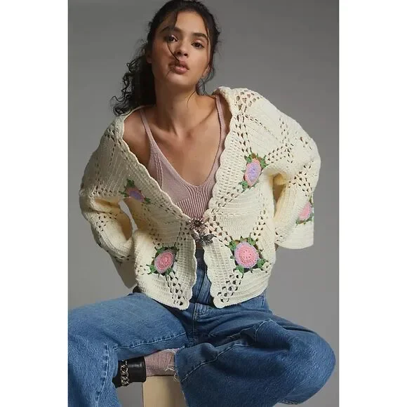 Maeve Cream Crochet Cardigan with Pink Rose Appliqués - Picture 1 of 10